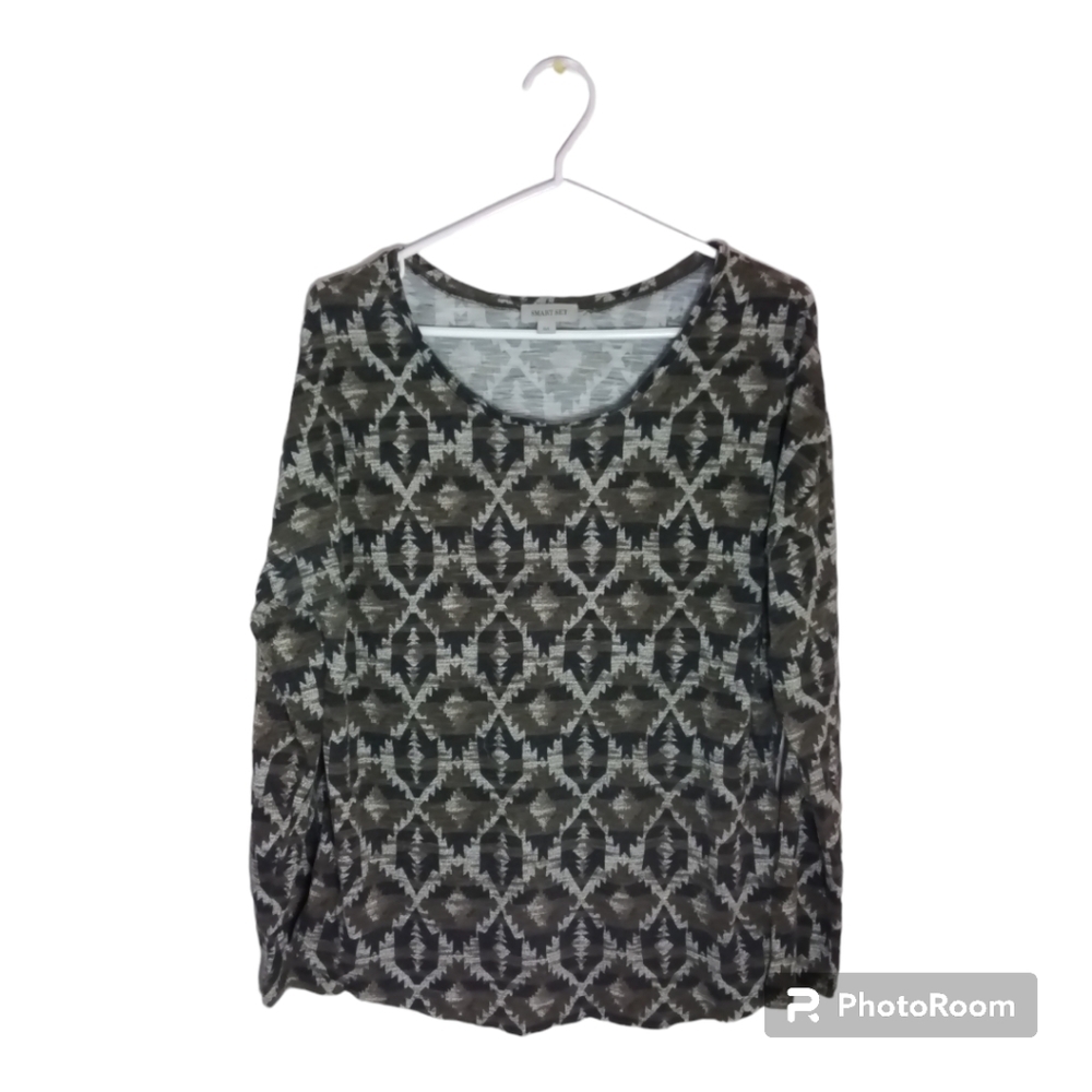 SMART SET WOMENS L SHIRT SCOOP NECK BROWN BLACK & BEIGE